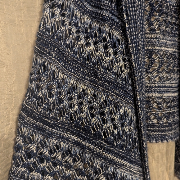 44. Cozy Blue and White Knit Poncho Sweater - Picture 2 of 6